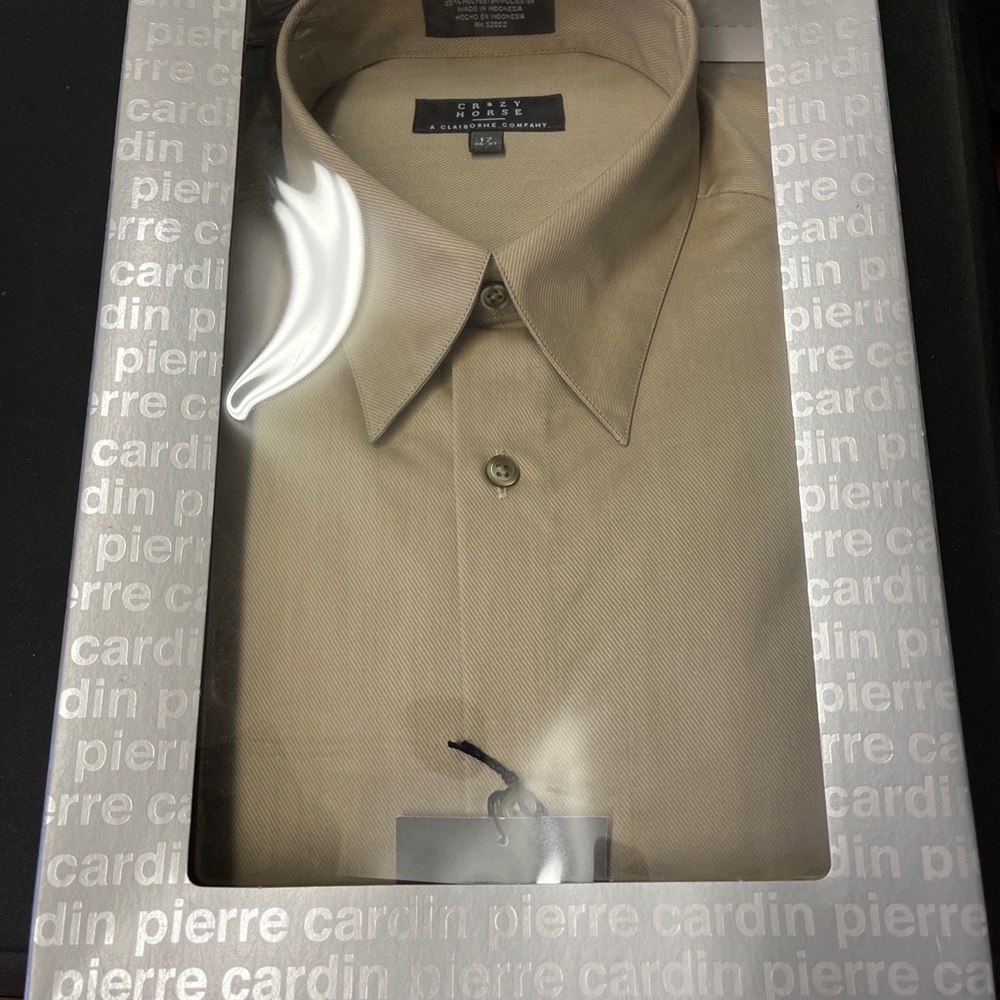 Mens size 36/37 17” collared long sleeve beige dress shirt by crazy horse